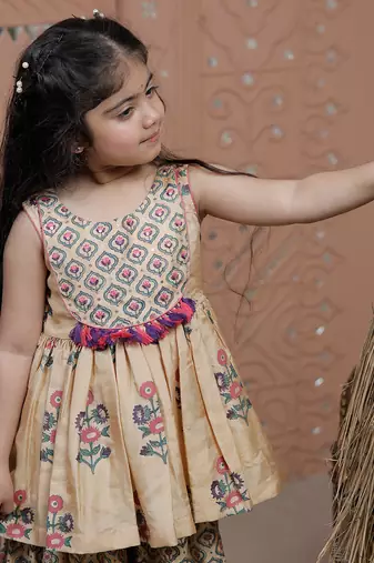 Beige printed dola silk sharara set
