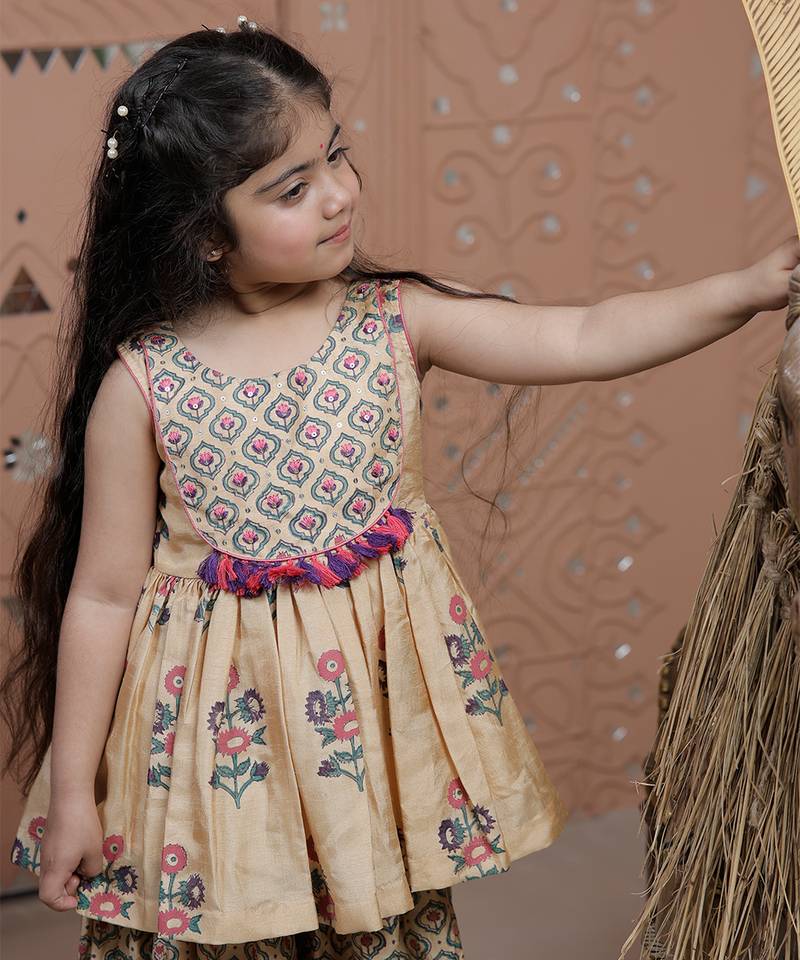 Beige printed dola silk sharara set