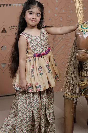 Beige printed dola silk sharara set