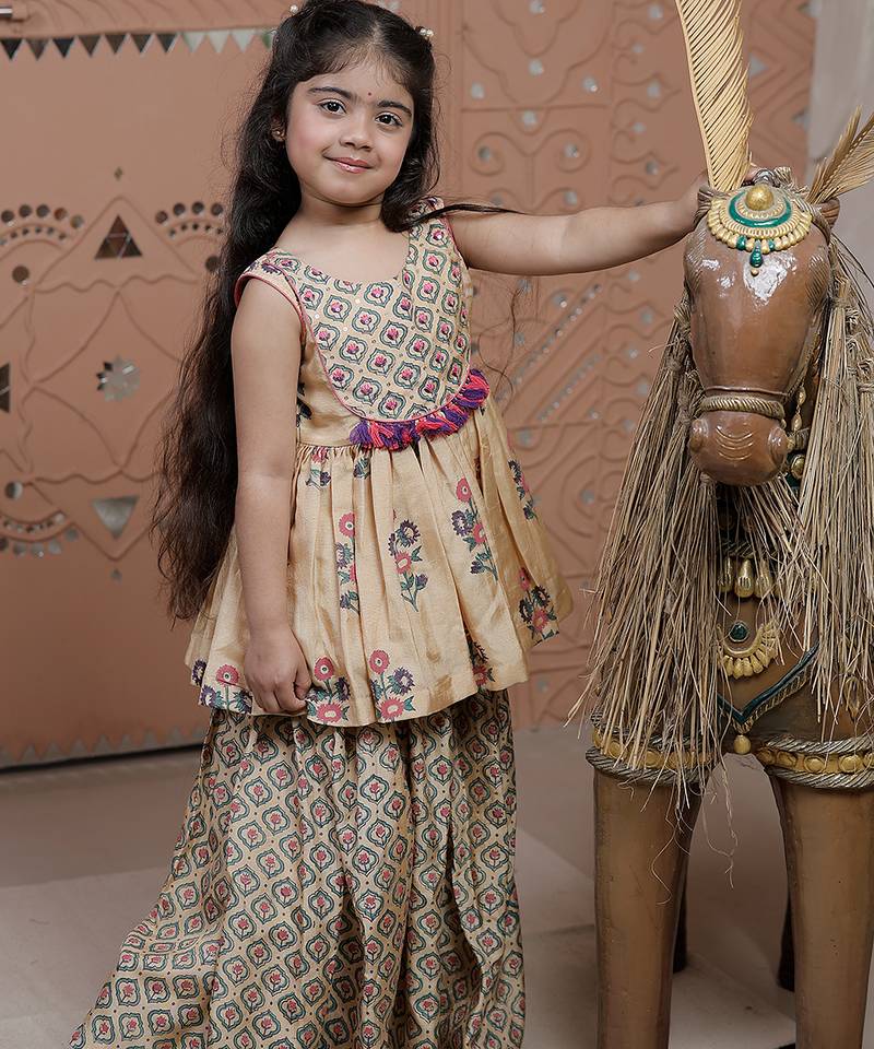 Beige printed dola silk sharara set