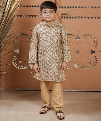 Beige printed cotton silk kurta set 1