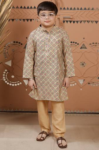 Beige printed cotton silk kurta set