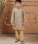Beige printed cotton silk kurta set
