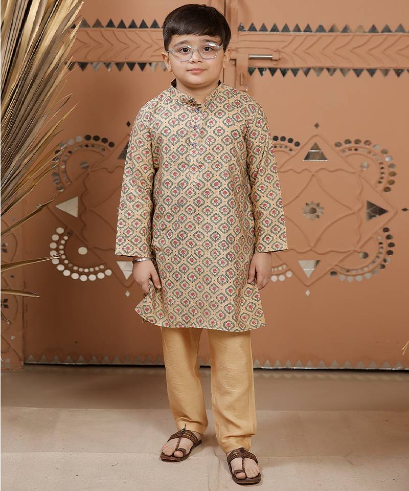 Beige printed cotton silk kurta set