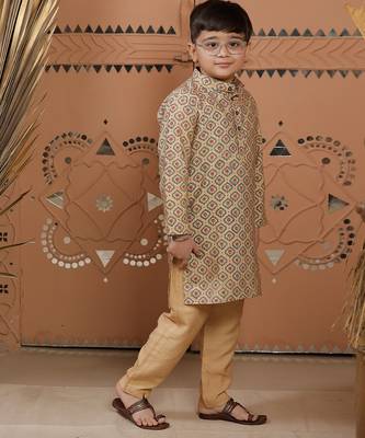 Beige printed cotton silk kurta set 2