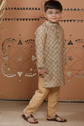 Beige printed cotton silk kurta set