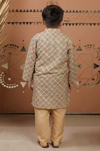 Beige printed cotton silk kurta set