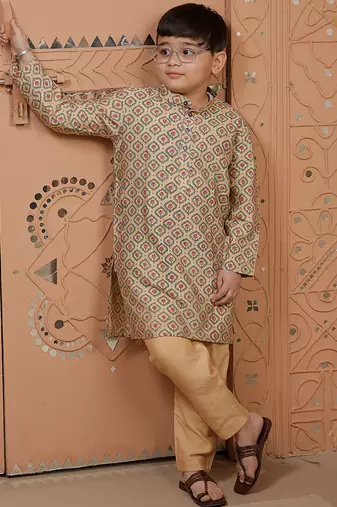 Beige printed cotton silk kurta set