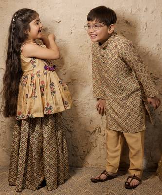 Beige printed cotton silk kurta set 5