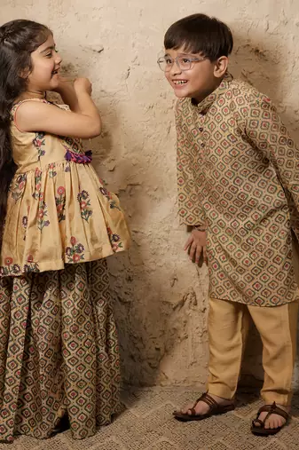 Beige printed cotton silk kurta set