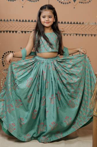 Teal green block printed dola silk lehenga set