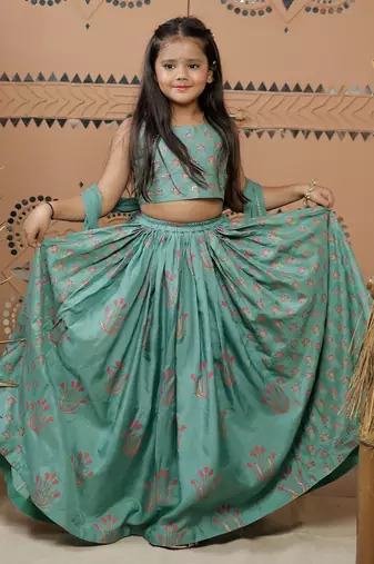 Teal green block printed dola silk lehenga set