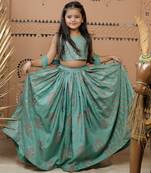 Teal green block printed dola silk lehenga set
