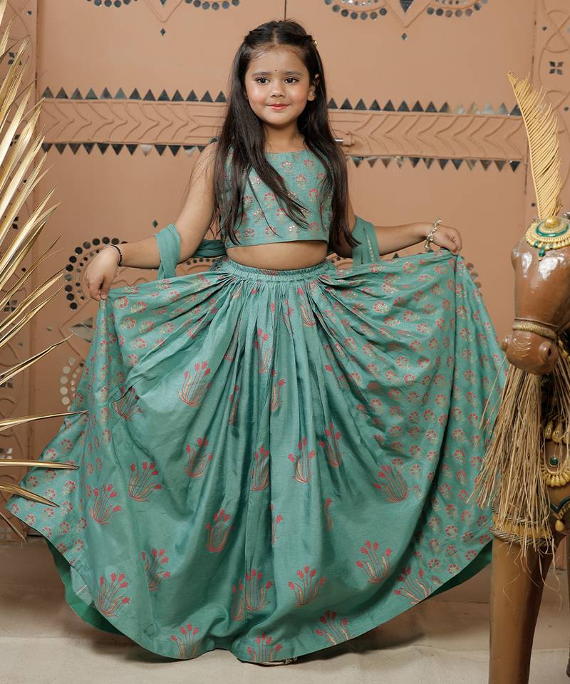 Teal green block printed dola silk lehenga set