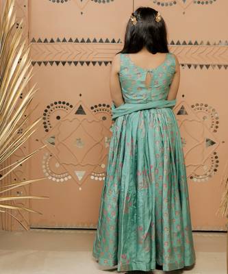 Teal green block printed dola silk lehenga set 2