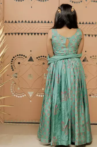 Teal green block printed dola silk lehenga set