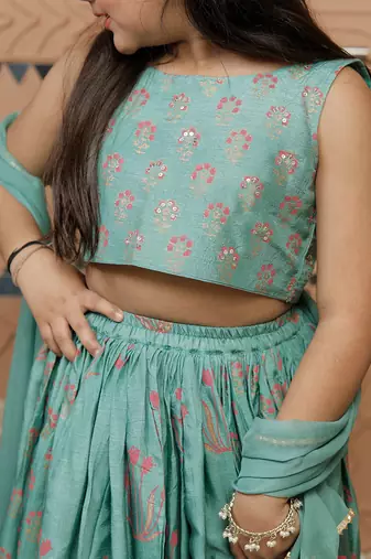 Teal green block printed dola silk lehenga set