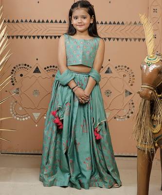 Teal green block printed dola silk lehenga set 4