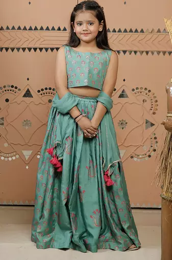 Teal green block printed dola silk lehenga set