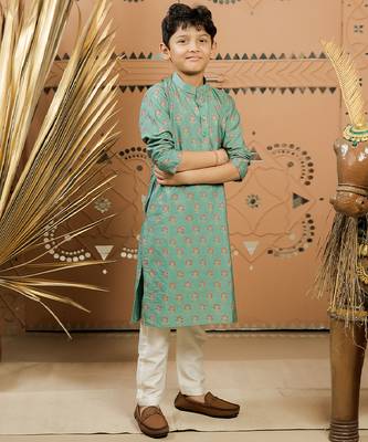 Teal green printed cotton silk kurta set 1