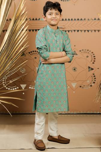 Teal green printed cotton silk kurta set
