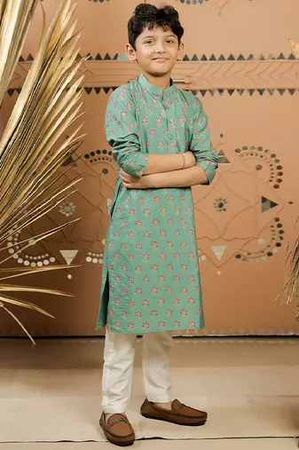Teal green printed cotton silk kurta set