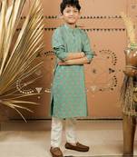 Teal green printed cotton silk kurta set
