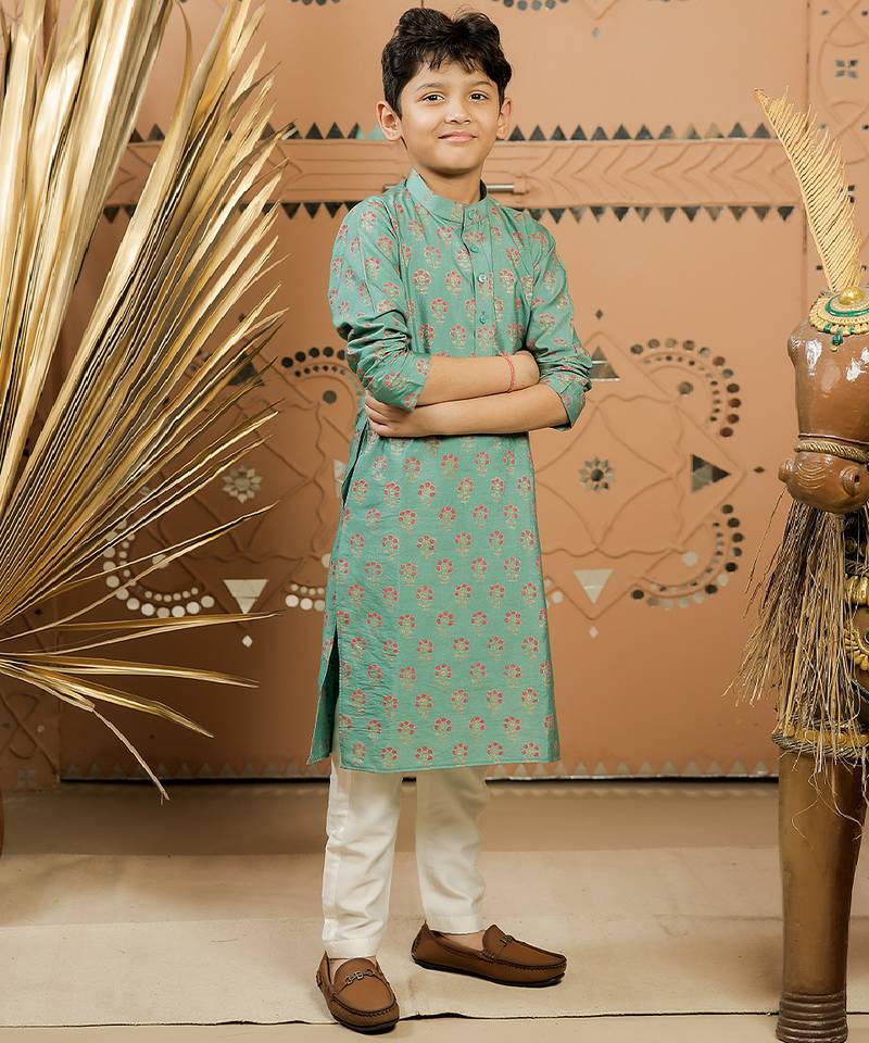 Teal green printed cotton silk kurta set