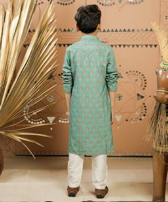 Teal green printed cotton silk kurta set 2