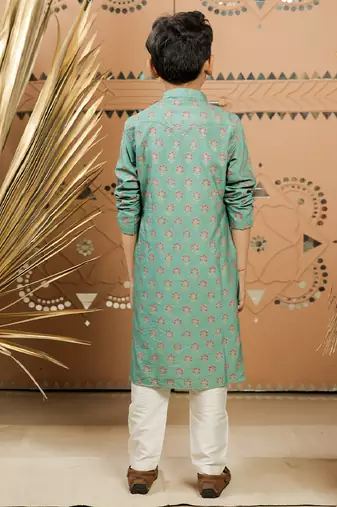Teal green printed cotton silk kurta set