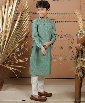 Teal green printed cotton silk kurta set 3
