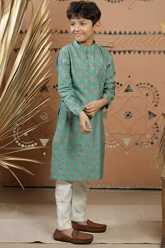 Teal green printed cotton silk kurta set
