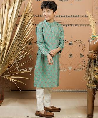 Teal green printed cotton silk kurta set 4