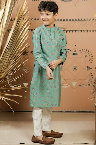 Teal green printed cotton silk kurta set