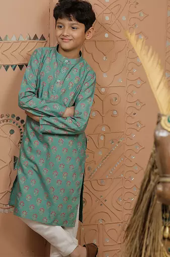 Teal green printed cotton silk kurta set