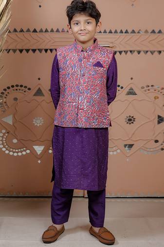 Purple floral printed modal nehru jacket set