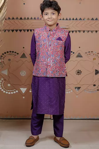 Purple floral printed modal nehru jacket set