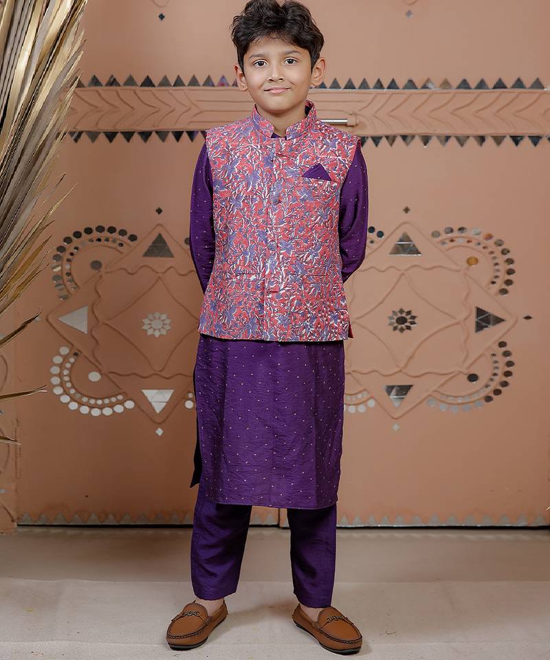 Purple floral printed modal nehru jacket set