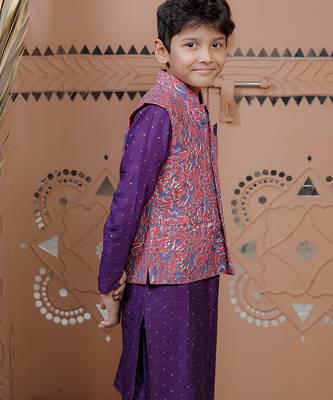 Purple floral printed modal nehru jacket set 2