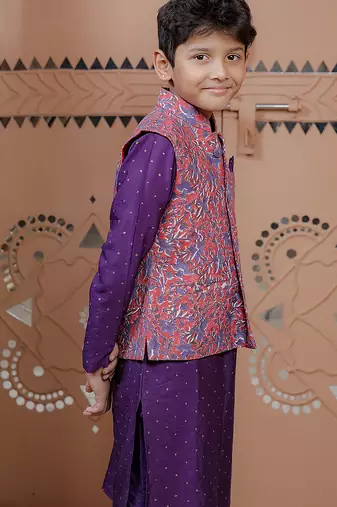 Purple floral printed modal nehru jacket set