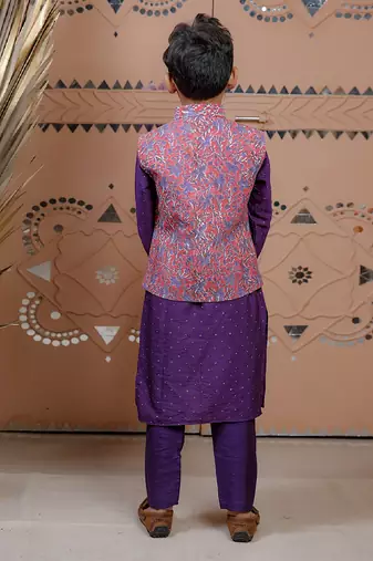 Purple floral printed modal nehru jacket set