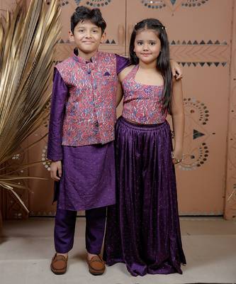 Purple floral printed modal nehru jacket set 4