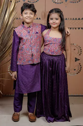 Purple floral printed modal nehru jacket set