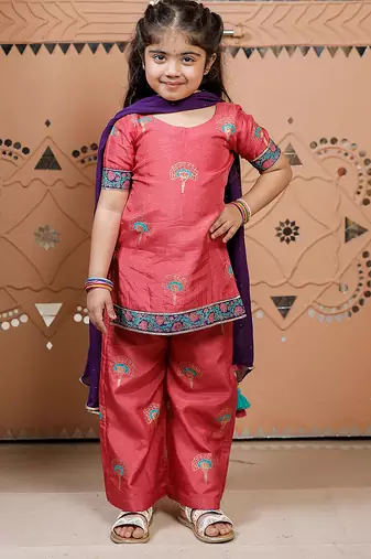 Pink block printed dola silk kurti set