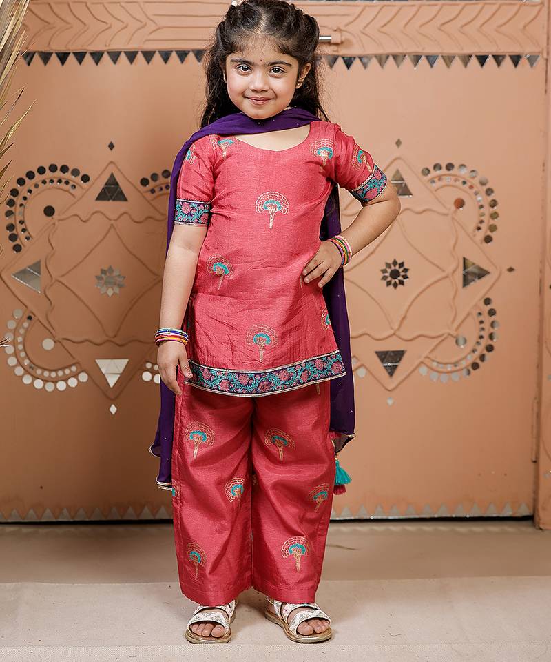 Pink block printed dola silk kurti set