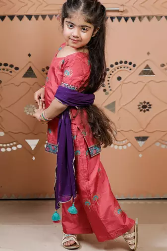 Pink block printed dola silk kurti set