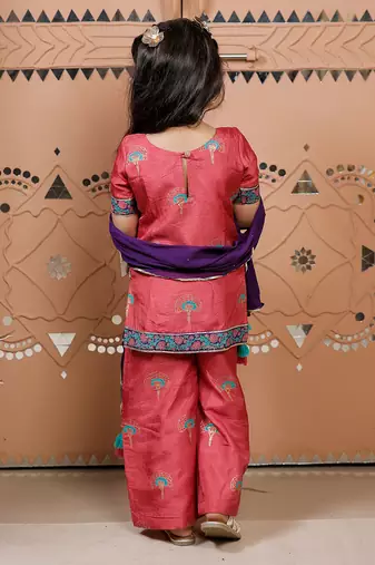 Pink block printed dola silk kurti set