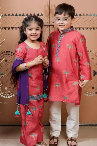 Pink block printed dola silk kurti set