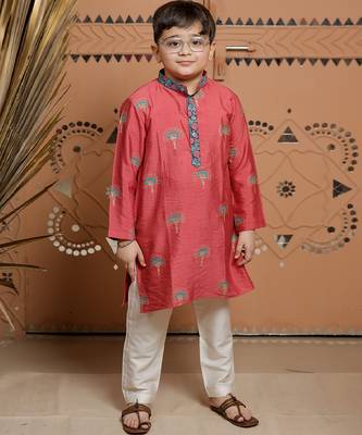 Pink block printed cotton silk kurta set 1