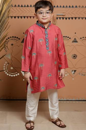 Pink block printed cotton silk kurta set